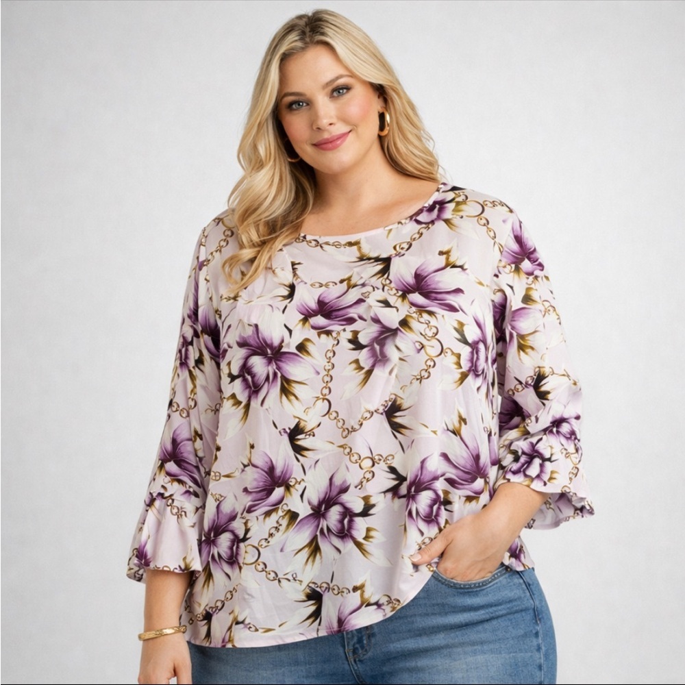 JM Collection Womens 2X Printed Statement-Sleeve Blouse Purple Floral